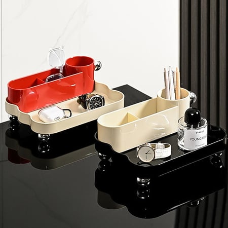 منظم مكياج أنيق متعدد الأقسام - مثالي للعطور ولمستحضرات التجميل والفرش والإكسسوارات - تصميم عصري لتخزين سهل على التسريحة والطاولة - بيج أسود