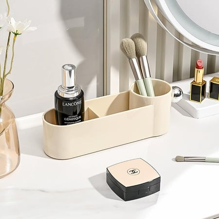 منظم مكياج أنيق متعدد الأقسام - مثالي للعطور ولمستحضرات التجميل والفرش والإكسسوارات - تصميم عصري لتخزين سهل على التسريحة والطاولة - بيج أسود
