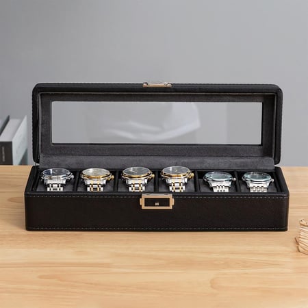 صندوق ساعات أنيق من الجلد بستة خانات - حل تخزين عصري للساعات والمجوهرات