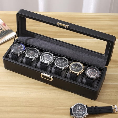 صندوق ساعات أنيق من الجلد بستة خانات - حل تخزين عصري للساعات والمجوهرات