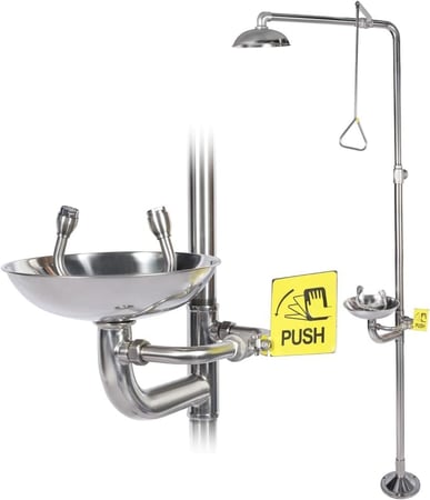 محطة غسل العين في حالات الطوارئ، محطة غسل العين المركبة مع دش، وحدة غسل العين والوجه مع دش أمان، من الفولاذ المقاوم للصدأ 304، مع علامة غسل العين