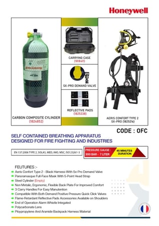 اسطوانة / جهاز تنفس ذاتي ( SCBA ) الاحتواء مصمم لمكافحة الحرائق والصناعات | العلامة التجارية: Honeywell  - مقياس الضغط: 300 بار - 7 لتر (مدة 45 دقيقة) - صنع في فرنسا -