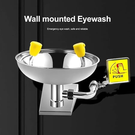محطة غسيل العين للطوارئ مثبتة على الحائط، عيون آمنة من الفولاذ المقاوم للصدأ مع فوهتي رش مزدوج ومفتاح دفع يدوي للمصانع والمواد الكيميائية والمدارس والمختبرات