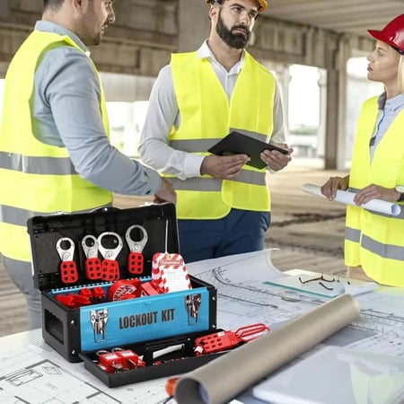 مجموعة قفل أمان صناعي، مجموعة أقفال كهربائية مع أقفال قاطع دائرة بمشبك، أقفال، أقفال بمزالج، أقفال بمقابس، أقفال كابلات، أقفال صمام كروي، صندوق أدوات، ملصقات تحذير، ومجموعة حبال، بلاستيك، مُجمّعة مسبقًا، غير كهربائية