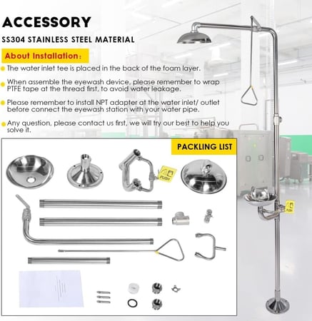 محطة غسل العين في حالات الطوارئ، محطة غسل العين المركبة مع دش، وحدة غسل العين والوجه مع دش أمان، من الفولاذ المقاوم للصدأ 304، مع علامة غسل العين