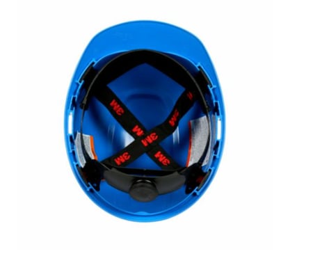 خوذة 3M™ SecureFit™ الصلبة H-703SFR-UV، باللون الأزرق، مع نظام تعليق بسقاطة لتوزيع الضغط بأربع نقاط، مع UVicator