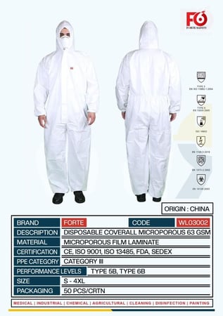 بدلة واقية للاستخدام الواحد، بدلة حماية كيميائية، ملابس وقاية طبية، بدلة عزل صناعية، Disposable Coverall، معدات السلامة المهنية، PPE Category III