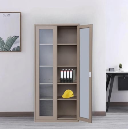 دولاب ملفات مكتبي حديد 2 ابواب قزاز عادي 5ارفف مقاس 185×85×40 بيج غامق  OW-110BEIGE