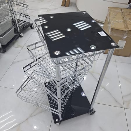 عربة اكسسوارات ولوازم الشعر 4 ارفف شبكة سلة ستيل وسطح قزاز  اسود TWD-302