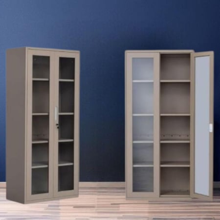 دولاب ملفات مكتبي حديد 2 ابواب قزاز عادي 5ارفف مقاس 185×85×40 بيج غامق  OW-110BEIGE