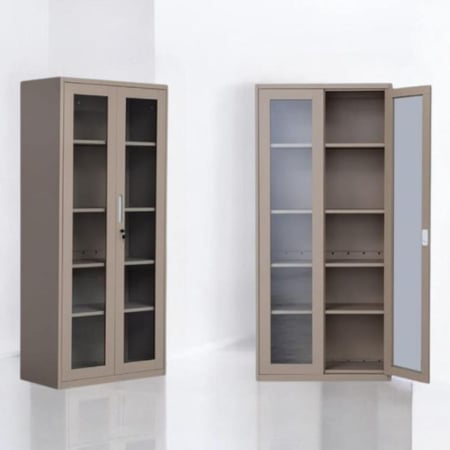 دولاب ملفات مكتبي حديد 2 ابواب قزاز عادي 5ارفف مقاس 185×85×40 بيج غامق  OW-110BEIGE