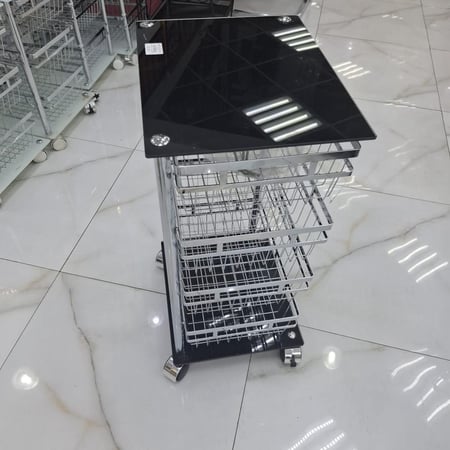 عربة اكسسوارات ولوازم الشعر 4 ارفف شبكة سلة ستيل وسطح قزاز  اسود TWD-302