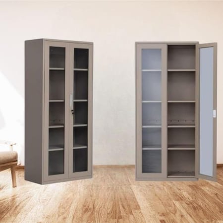 دولاب ملفات مكتبي حديد 2 ابواب قزاز عادي 5ارفف مقاس 185×85×40 بيج غامق  OW-110BEIGE