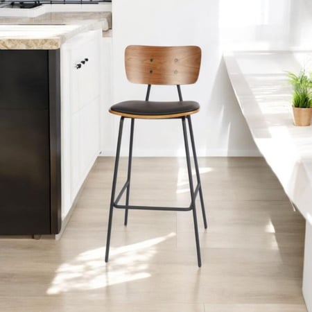 كرسي بار خشب مع مقعد جلد اسود وقاعدة ستيل اسود AM-0790