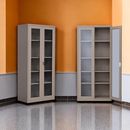 دولاب ملفات مكتبي حديد 2 ابواب قزاز عادي 5ارفف مقاس 185×85×40 بيج غامق  OW-110BEIGE