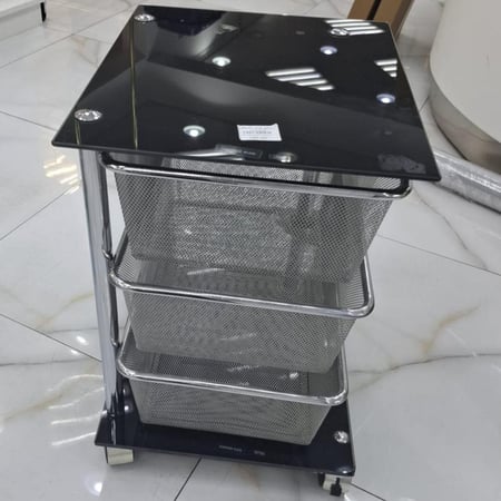 عربة اكسسوارات ولوازم الشعر 3 ارفف شبكة سلة ستيل وسطح قزاز  اسود TWD-309