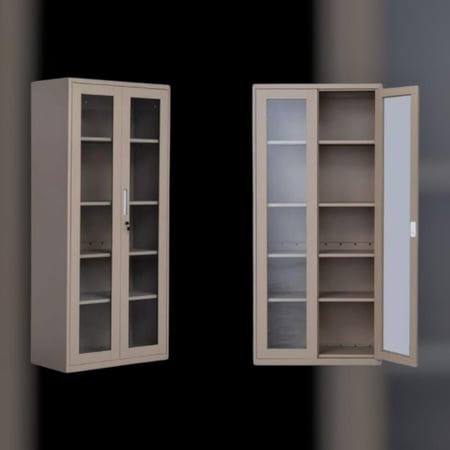 دولاب ملفات مكتبي حديد 2 ابواب قزاز عادي 5ارفف مقاس 185×85×40 بيج غامق  OW-110BEIGE