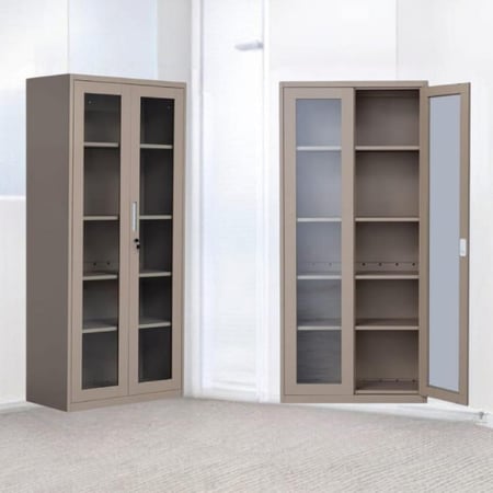 دولاب ملفات مكتبي حديد 2 ابواب قزاز عادي 5ارفف مقاس 185×85×40 بيج غامق  OW-110BEIGE