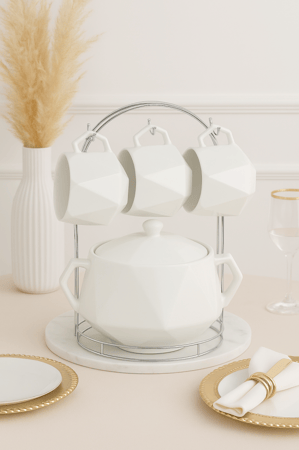طقم الشوربة فاخر أبيض بتصميم هندسي مع حامل معدني فضي