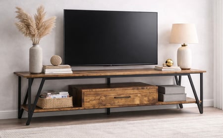 وحدة تلفزيون بسطح خشبي ماليزي – تصميم عصري مع هيكل معدني