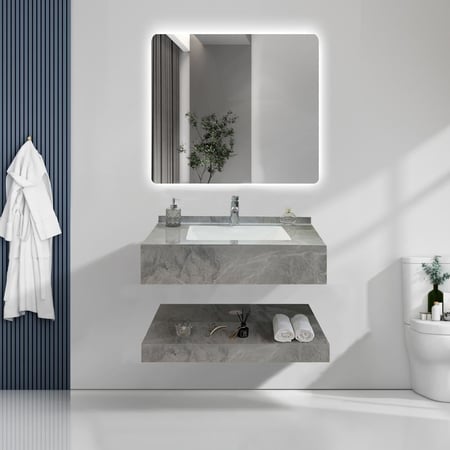 مغسلة قص ليزر رمادي غامق 80سم مع رف ومرايا اضاءة