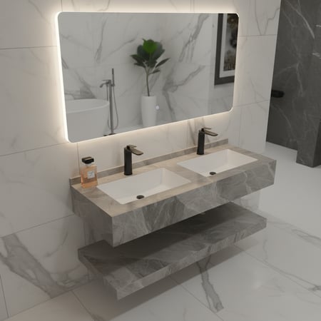 مغسلة رخام صناعي حوضين بورسلان رمادي مع مرايا ليد 120 سم