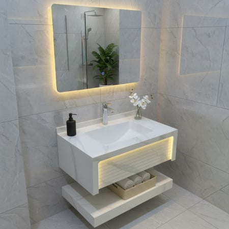 مغسلة 80 سم ابيض بعروق رمادي بورسلان مع اضاءة داخلية