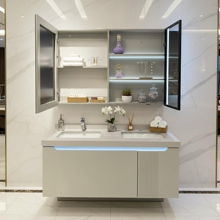 مغسلة 120 سم ديكور بحوضين بورسلان ودولاب سفلي ومرايا صيدلية