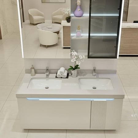 مغسلة 120 سم ديكور بحوضين بورسلان ودولاب سفلي ومرايا صيدلية