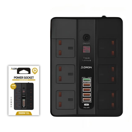 AORGN - التوصيلة الذكية 6 منافذ +5 منافذ usb + منفذ PDسريع - طول السلك 3 متر - اسود - AG-0011 ماركة AORGN