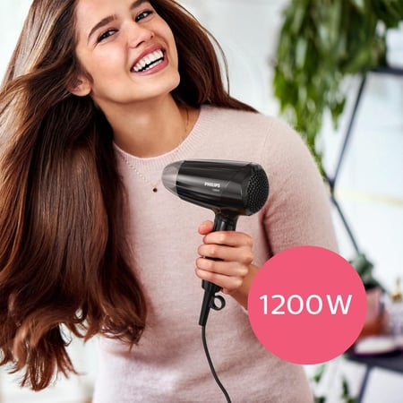 مجفف Philips Essential Care، قوة 1200 واط،مقبض قابل للطي، طول سلك 1.5 متر، جهد 220، للشعر المصقول واللامع، أسود | BHC010