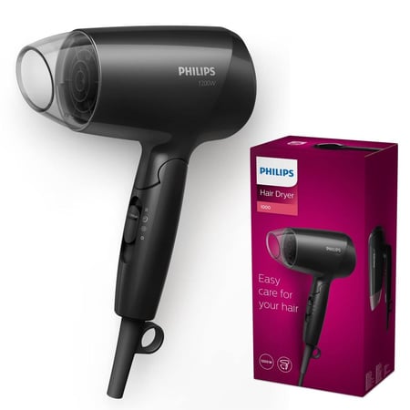 مجفف Philips Essential Care، قوة 1200 واط،مقبض قابل للطي، طول سلك 1.5 متر، جهد 220، للشعر المصقول واللامع، أسود | BHC010