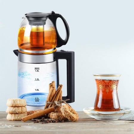 غلاية ومحضر شاي تركي من زجاج بسعة 1.8 لتر + ابريق زجاجي 1 لتر بقوة 1500 واط من دينكس DX2015