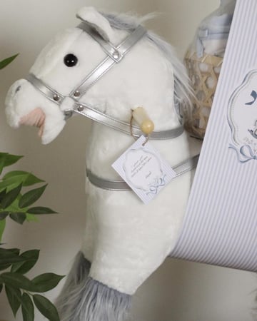 هدية مواليد حصان هزاز مع سلة ملابس و مستلزمات الطفل