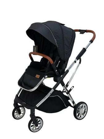 عربية أطفال اتجاهين لون أسود ومقابض جلد مع كرسي سيارة من بيبي ستار