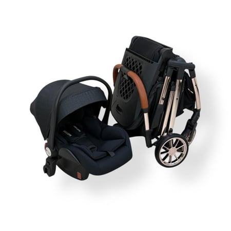 عربية أطفال اتجاهين لون أسود ومقابض جلد مع كرسي سيارة من بيبي ستار