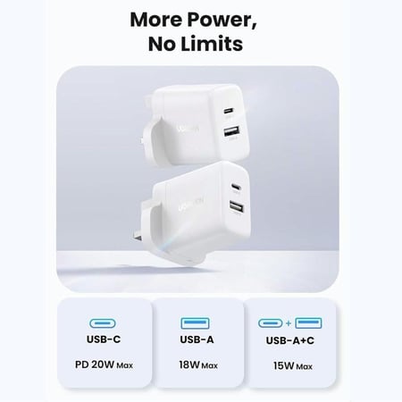 يوجرين - شاحن جداري بمنفذ USB-C ومنفذ USB وبقوة 20 واط