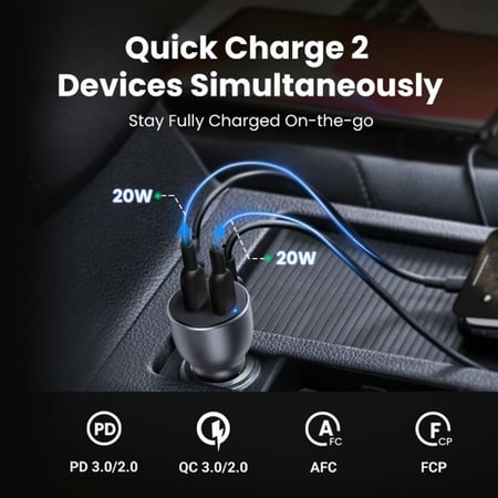 يوجرين شاحن سيارة بمنفذين PD وبمجموع القوة 40 واط - رمادي