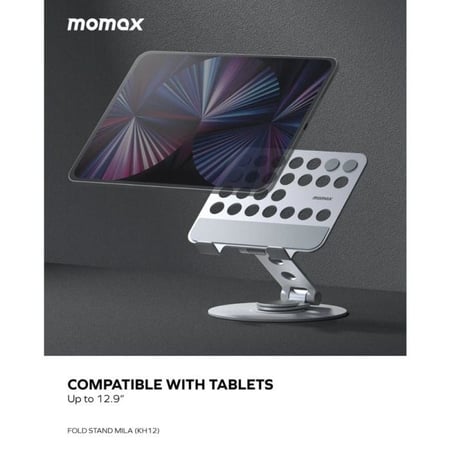 موماكس - حامل تابلت وايباد قابل للطي والدوران بدرجة 360 مصنوع من الألمنيوم - فضي