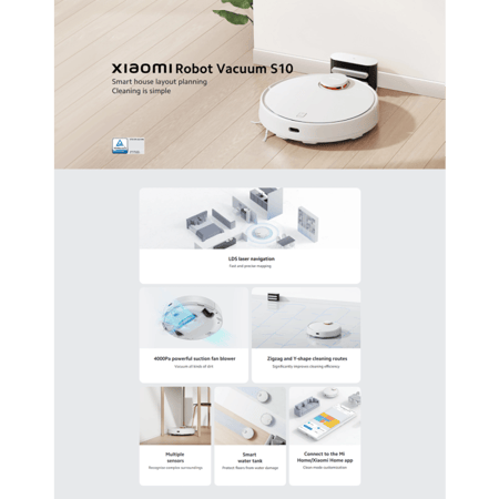 مكنسة شاومي روبوتية ذكية S10 تكنس وتمسح مع تقنية LDS بقوة شفط 4000 باسكال BHR6388GB - أبيض