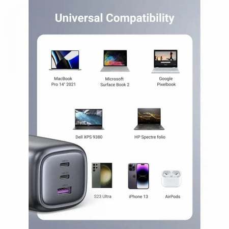 يوجرين شاحن جداري نكسود بمنفذين PD وبمنفذ USB بتقنية GaN وبقوة 65 واط - رمادي