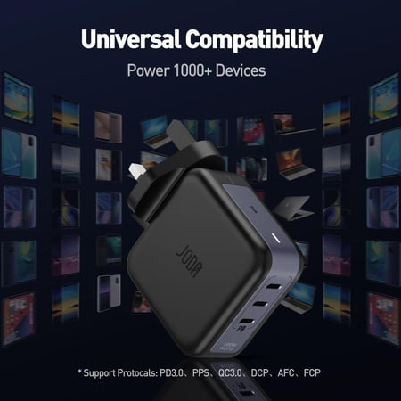 شاحن جداري JODA بقوة 100 واط بثلاث منافذ تايب سي - اسود