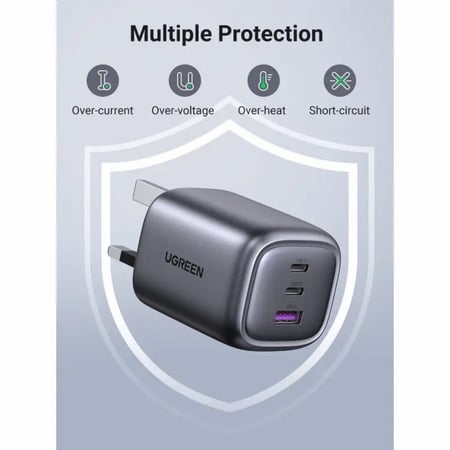 يوجرين شاحن جداري نكسود بمنفذين PD وبمنفذ USB بتقنية GaN وبقوة 65 واط - رمادي