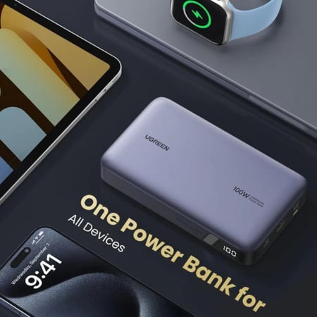 شاحن متنقل بمنفذين PD ومنفذ USB بسعة 20000MAH وبقوة 100W - من يوجرين - رمادي