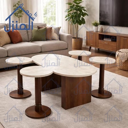طقم طاولات وسط مودرن فورميكا قواعد خشب طبيعي بتصميم أنيق للصالات