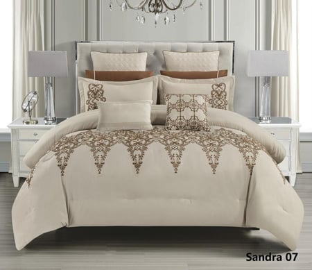 طقم مفرش مزدوج مطرز 10 قطع - لون بيج غامق