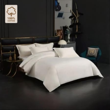 طقم مفرش فندقي ابيض مطفي سكري سادة ملكي فاخر جدا قطن 100٪ 7 قطع مع حشوة منفصله 01D