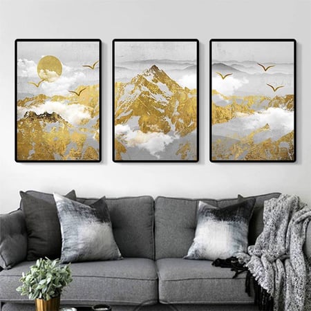 لوحات ثلاثية فن تجريدي الطبيعة الذهبية