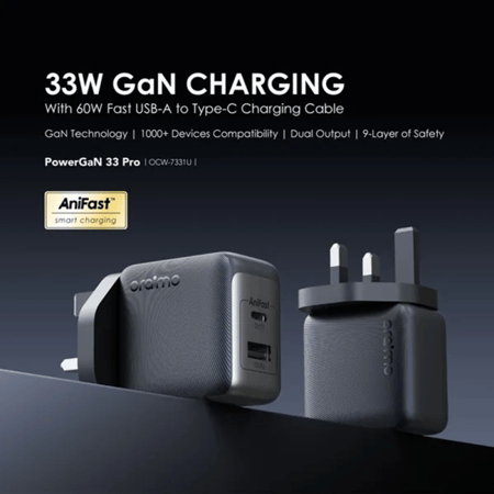 شاحن جداري Oraimo برو بتقنية GaN بمنفذ USB-C ومنفذ USB وبقوة 33 واط