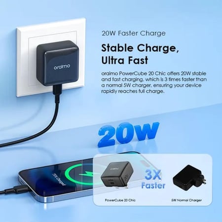 شاحن جداري أورايمو بوركيوب شيك بتقنية GaN بمنفذ USB-C وبقوة 20 واط